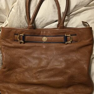 Tory Burch Jaden Horsebit Leather Tote Bag - Brown with Navy Trim